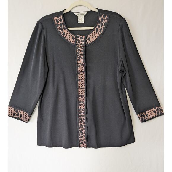 Exclusively Misook Black Animal Print Trim Cardigan Size XL Ruffle Career Office - Picture 1 of 7
